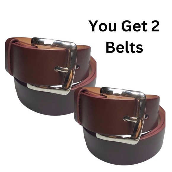 Unisex 2 Plain Buckle Brown Casual Dress Belts w/ Silver Buckle 2 Pieces - Picture 1 of 4